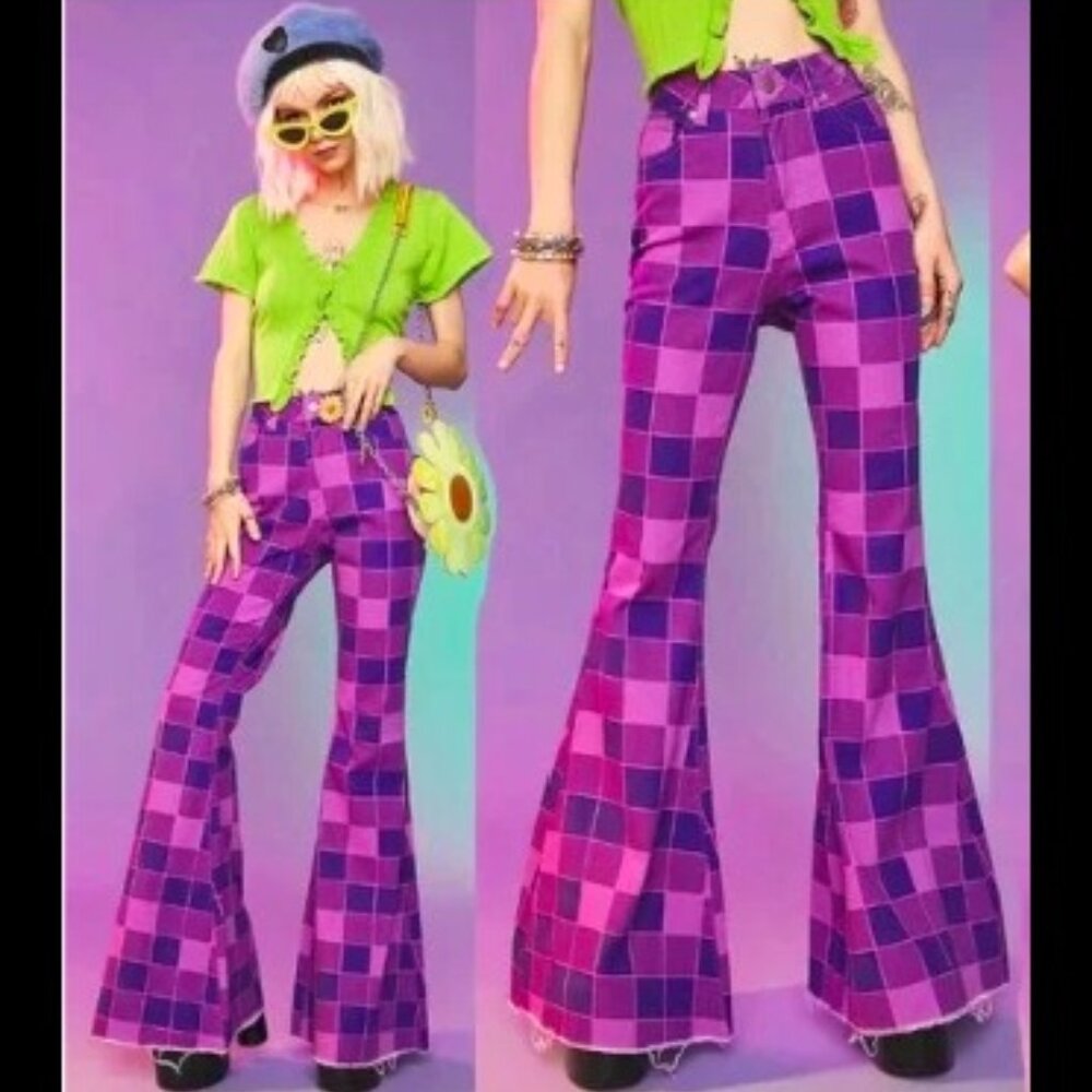 💥RETRO CHIC💥Dolls Kill American Bazi Checkered Flare Jeans in Purple/Plum/Pink - Picture 1 of 12